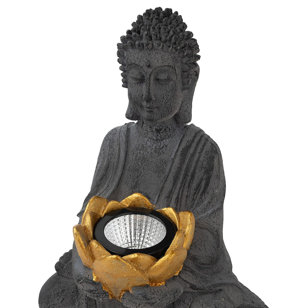 Meditating Buddha Solar Decorative Light - Grey with Gold Lotus Candle Holder