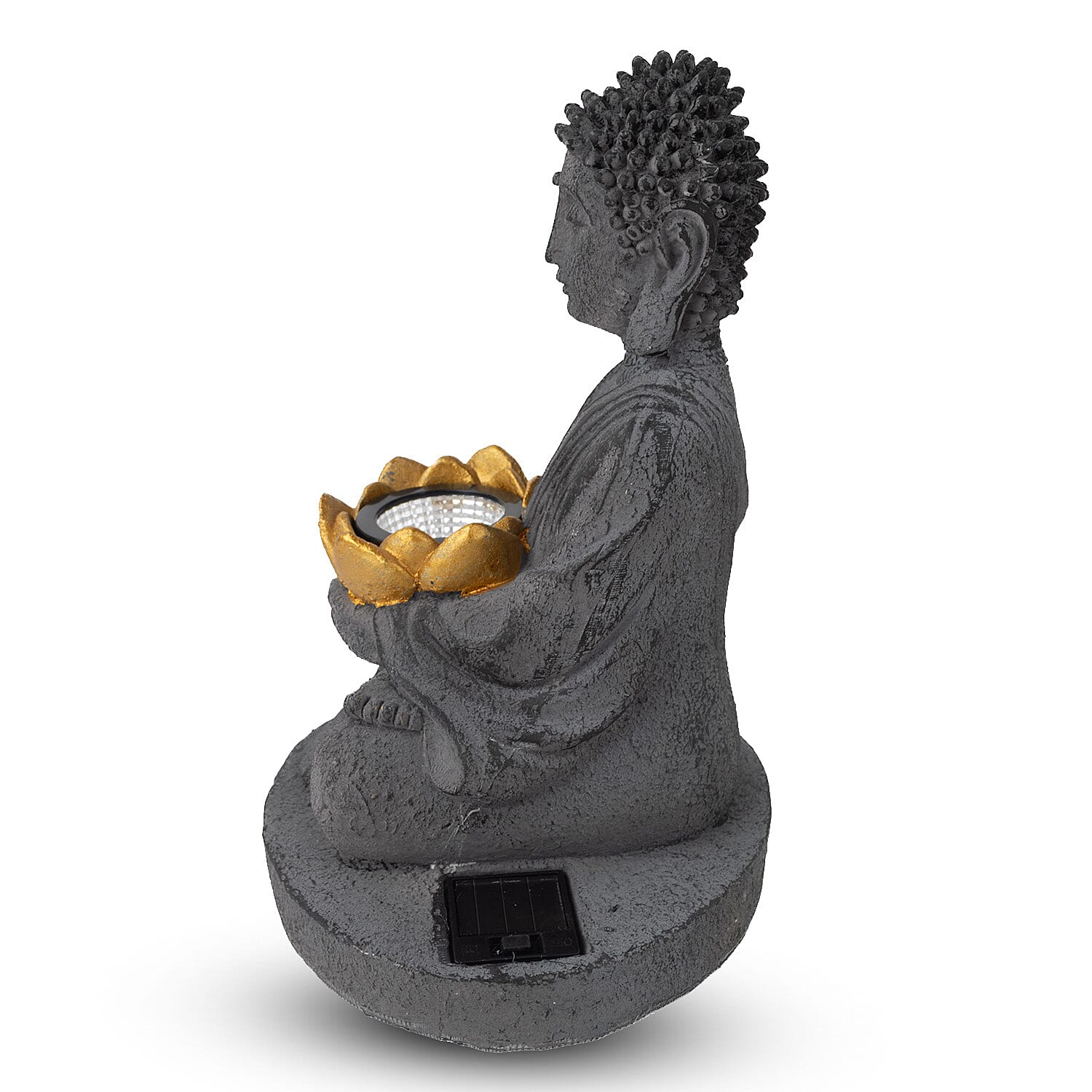 Meditating Buddha Solar Decorative Light - Grey with Gold Lotus Candle Holder