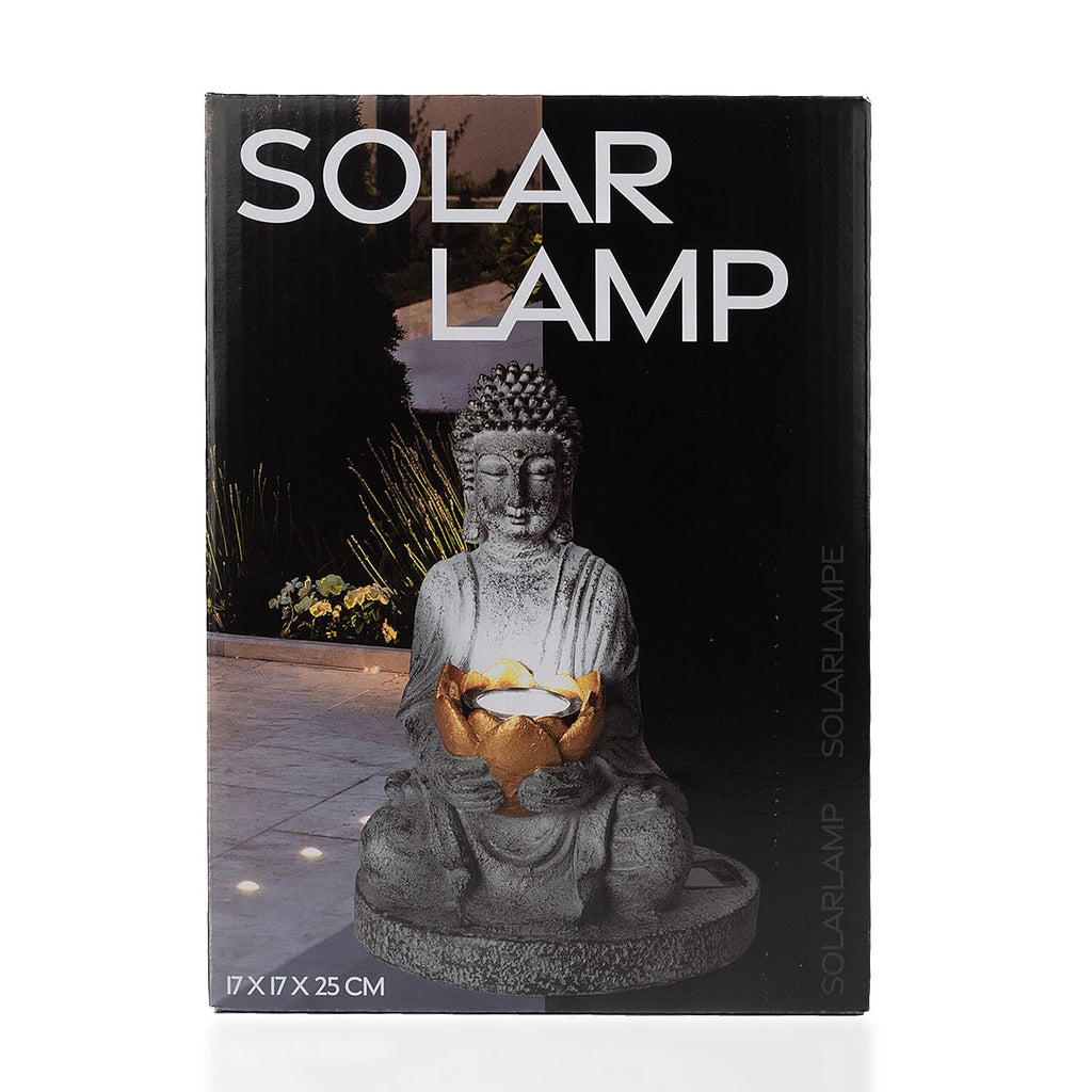 Meditating Buddha Solar Decorative Light - Grey with Gold Lotus Candle Holder