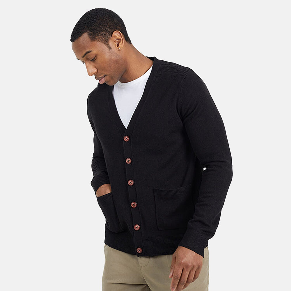 Mens Classic wood Button-Up Y-Neck Cardigan - Jet Black
