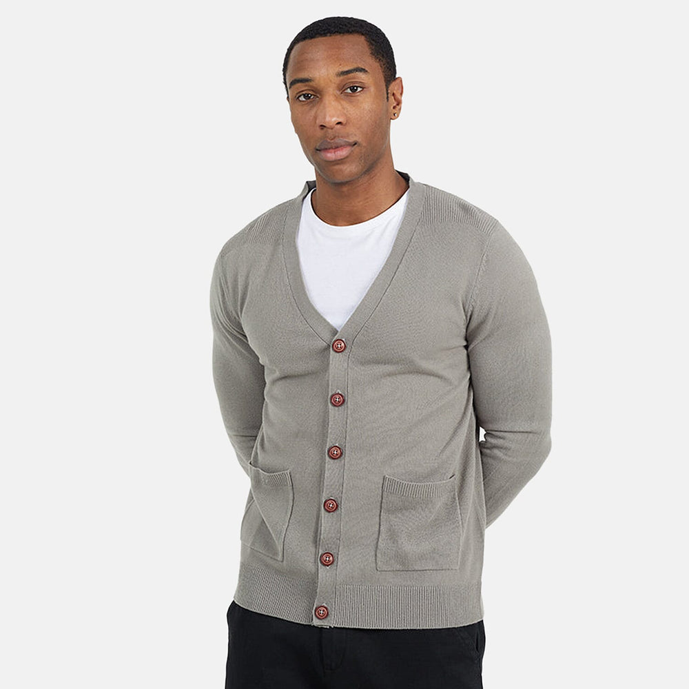 Mens Classic wood Button-Up Y-Neck Cardigan - Solid Grey