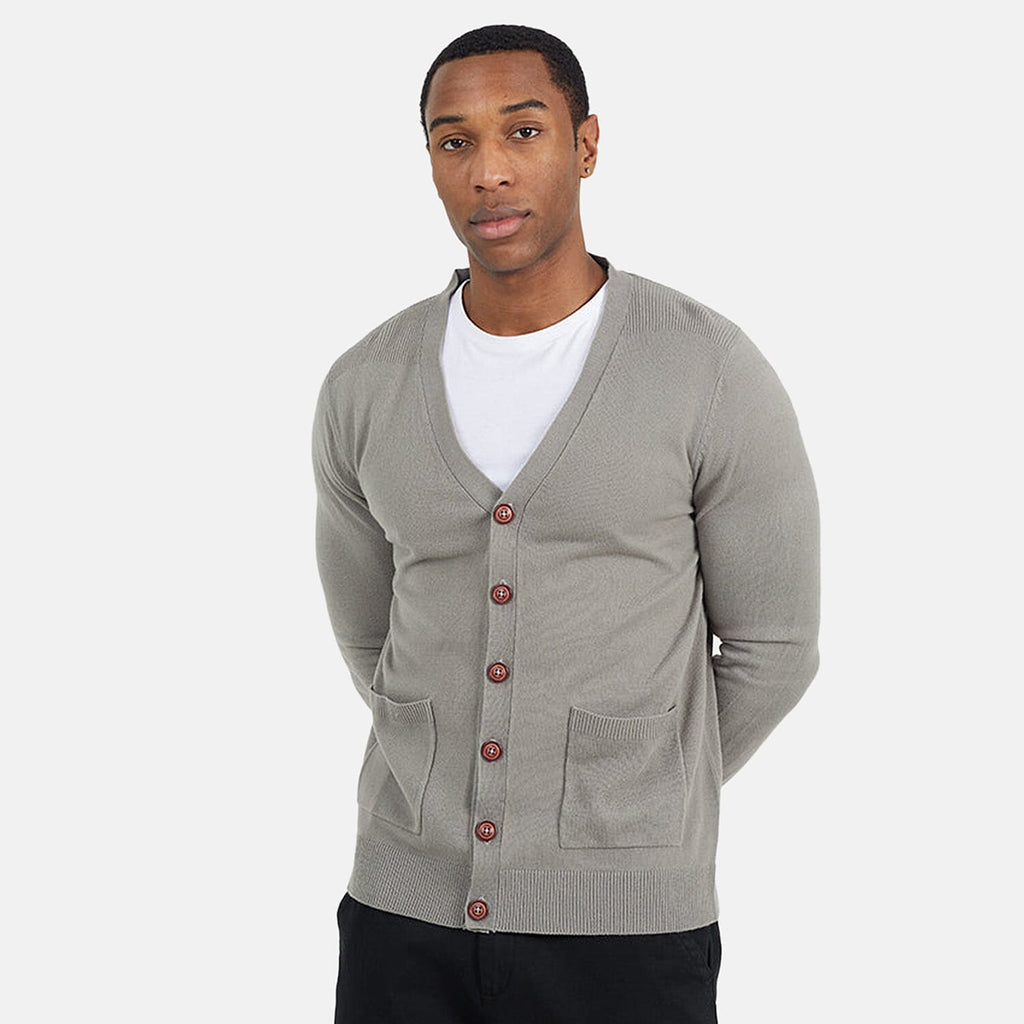 Mens Classic wood Button-Up Y-Neck Cardigan - Solid Grey