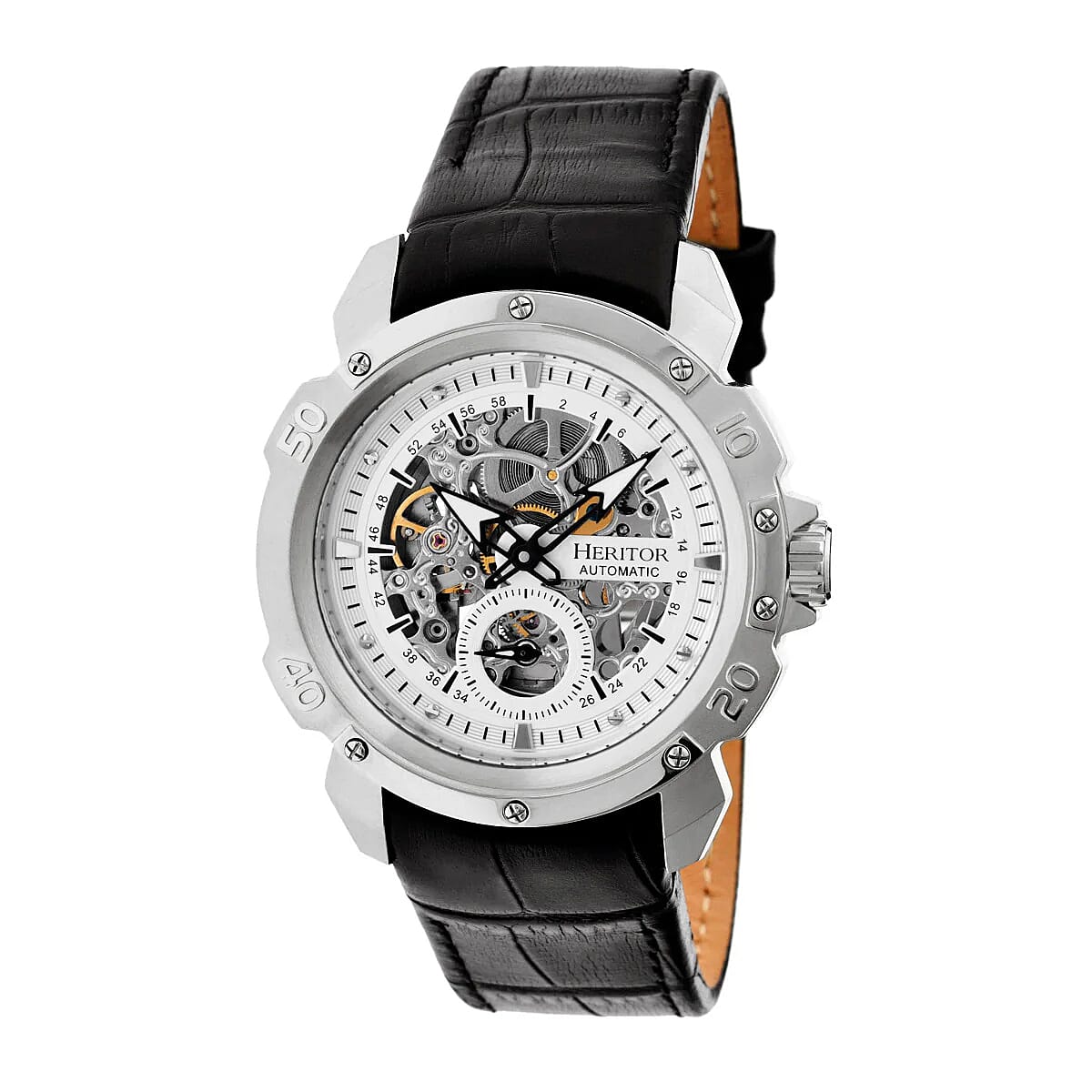 Mens Conrad Heritor Automatic  Watch with a Black Dial and a Black coloured Leather band, featuring a  Silver coloured Stainless Steel case with 5 ATM water resistance
