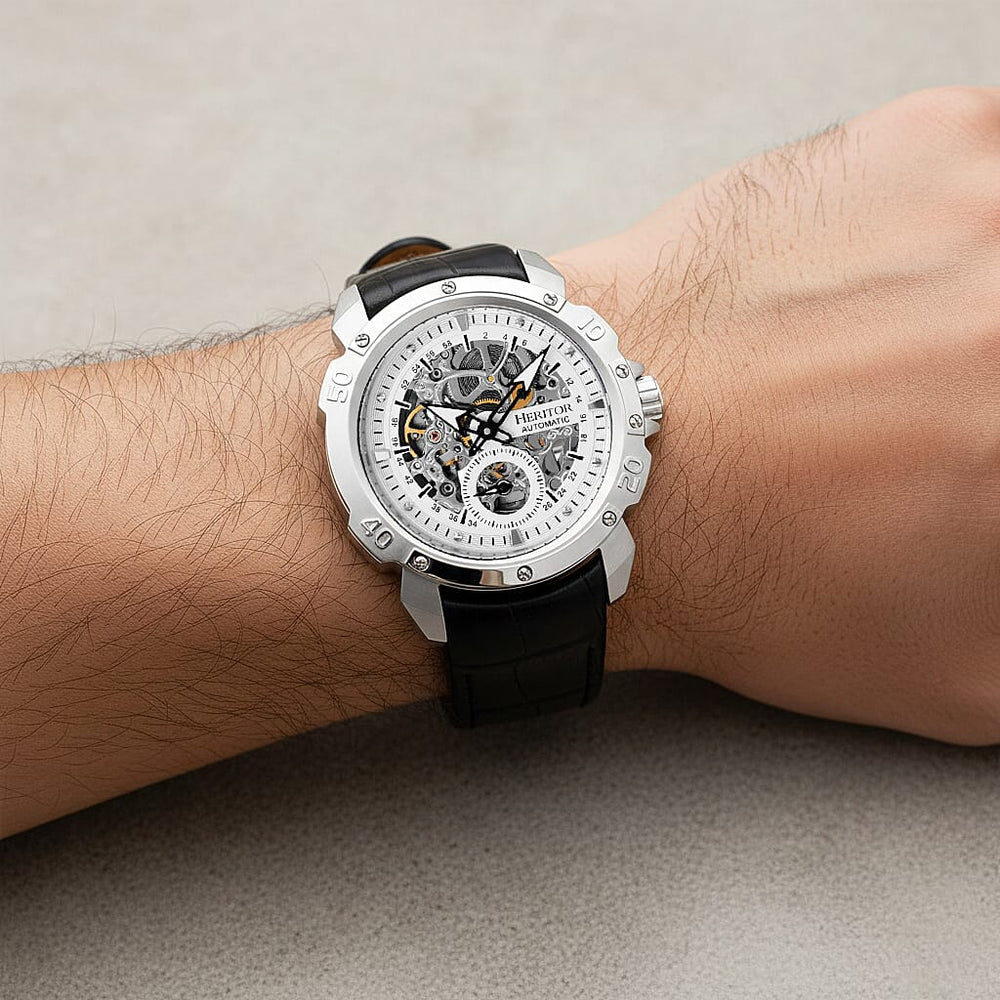 Mens Conrad Heritor Automatic  Watch with a Black Dial and a Black coloured Leather band, featuring a  Silver coloured Stainless Steel case with 5 ATM water resistance