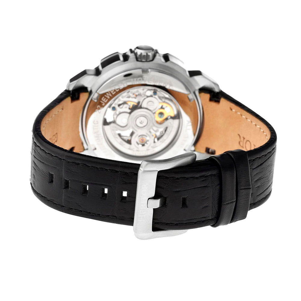Mens Conrad Heritor Automatic  Watch with a Black Dial and a Black coloured Leather band, featuring a  Silver coloured Stainless Steel case with 5 ATM water resistance
