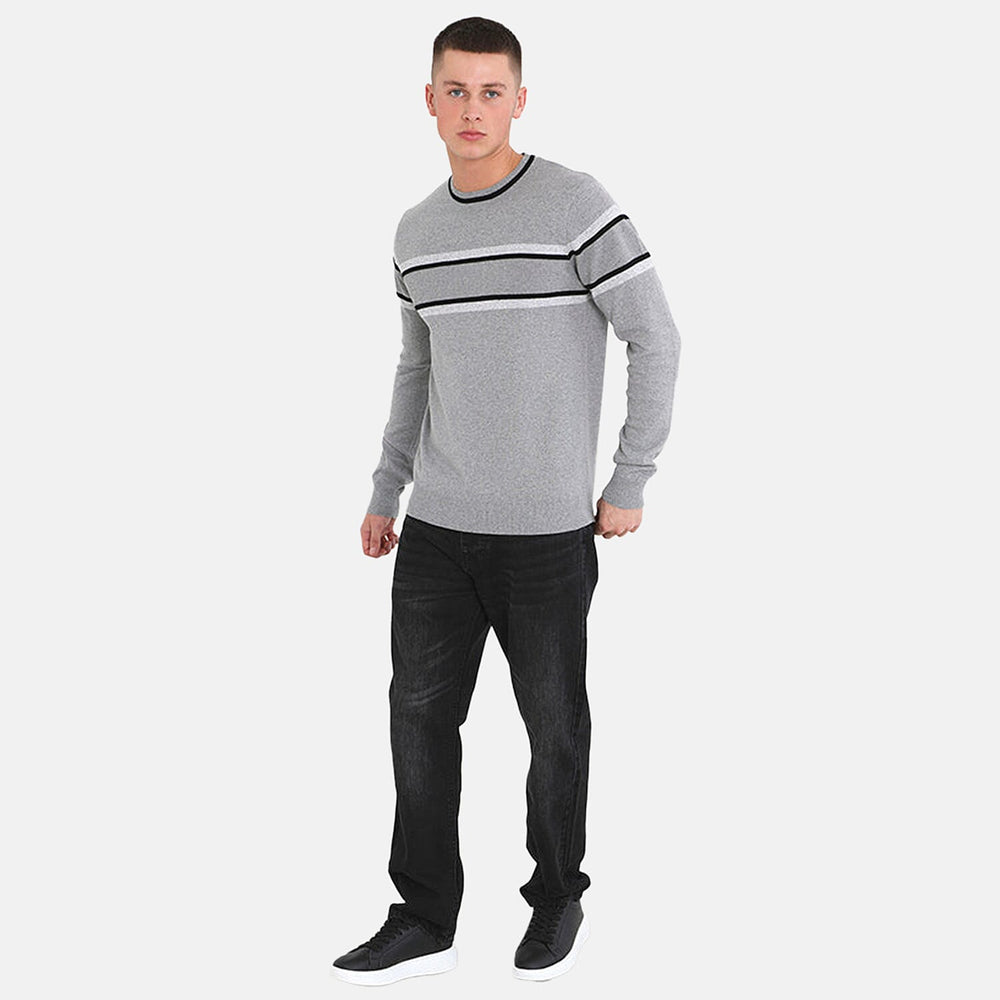 Mens Crew Neck Jumper With Structure Knit Panels - Grey