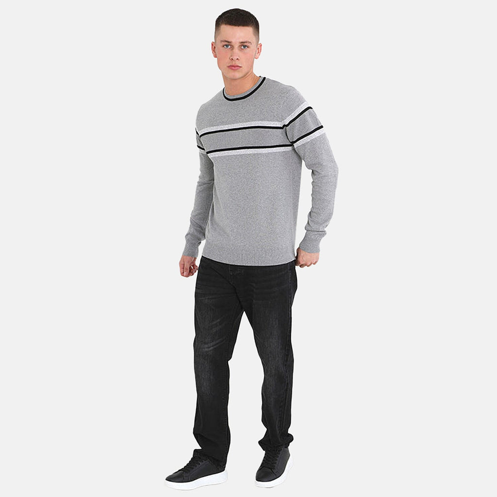 Mens Crew Neck Jumper With Structure Knit Panels - Grey