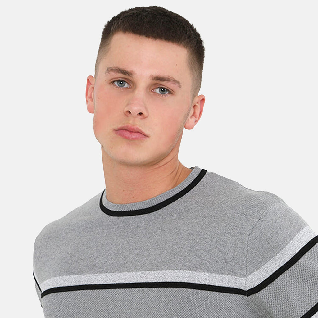 Mens Crew Neck Jumper With Structure Knit Panels - Grey