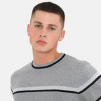Mens Crew Neck Jumper With Structure Knit Panels - Grey