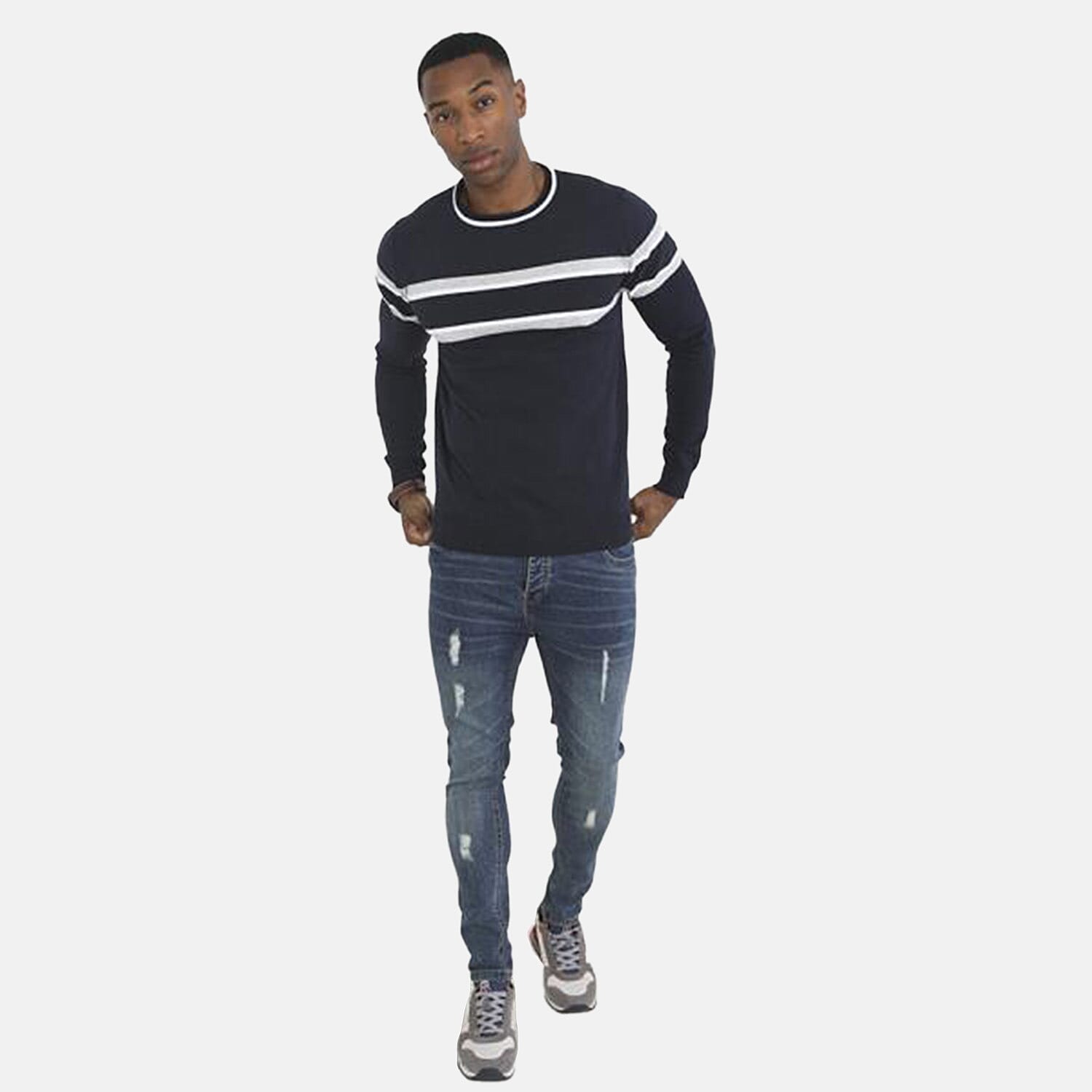 Mens Crew Neck Jumper With Structure Knit Panels - Navy