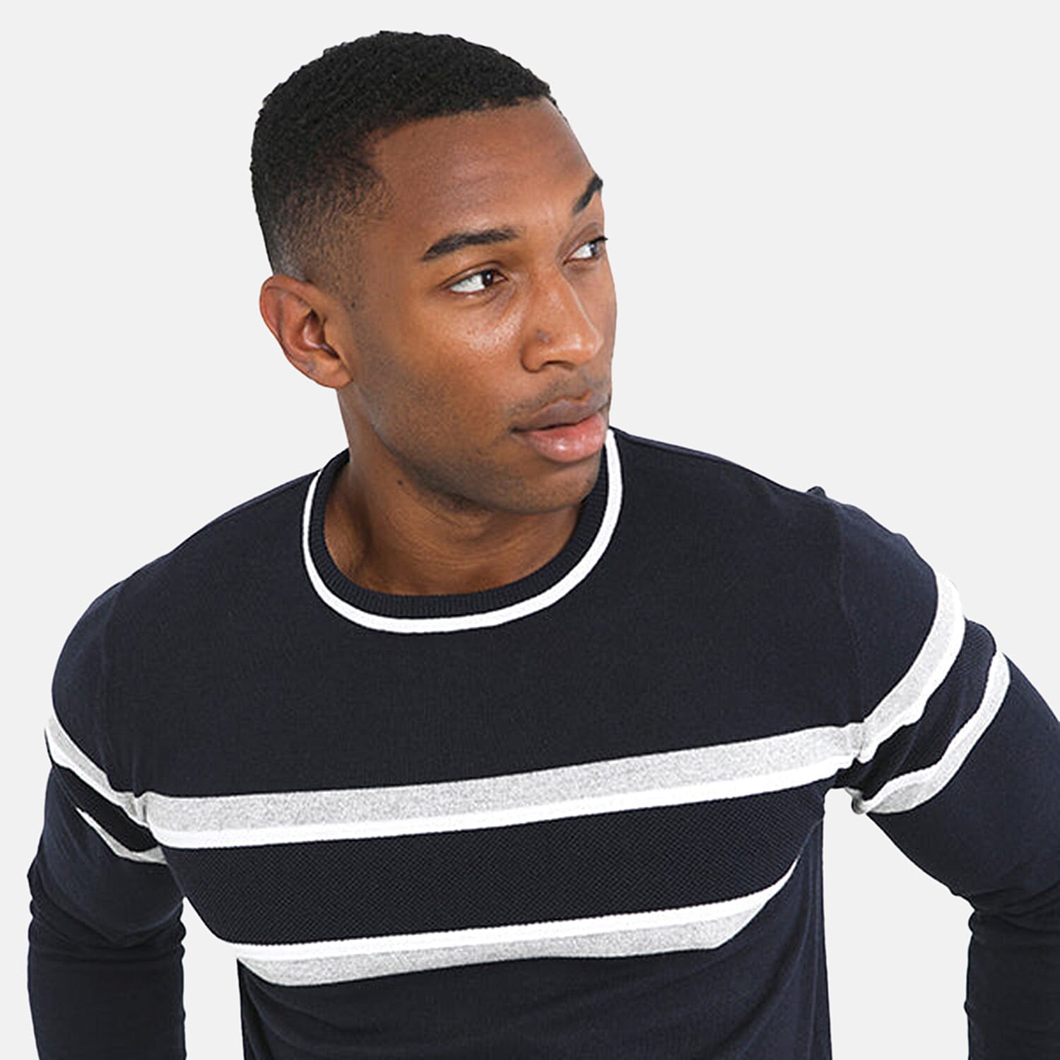 Mens Crew Neck Jumper With Structure Knit Panels - Navy