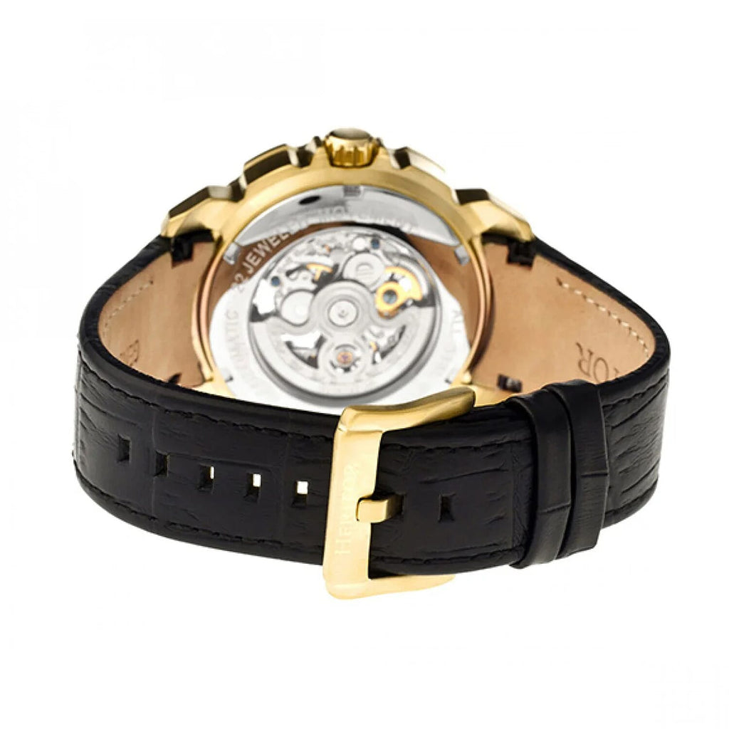 Mens Ganzi Heritor Automatic  Watch with a Gold Dial and a Black coloured Leather band, featuring a  Gold coloured Stainless Steel case with 5 ATM water resistance