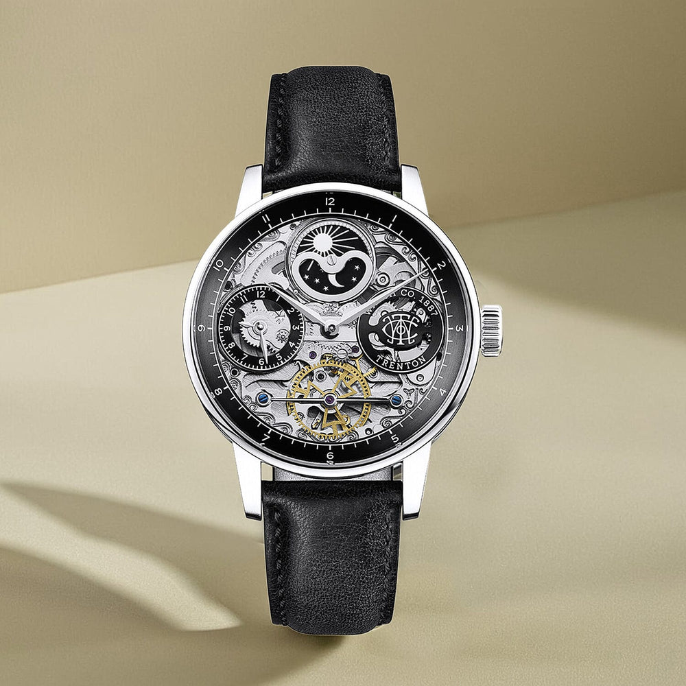 Trenton Jazz Automatic Skeleton 42mm Watch With Moonphase Function 5ATM, Mineral Glass, Leather Strap & Lifetime Warranty