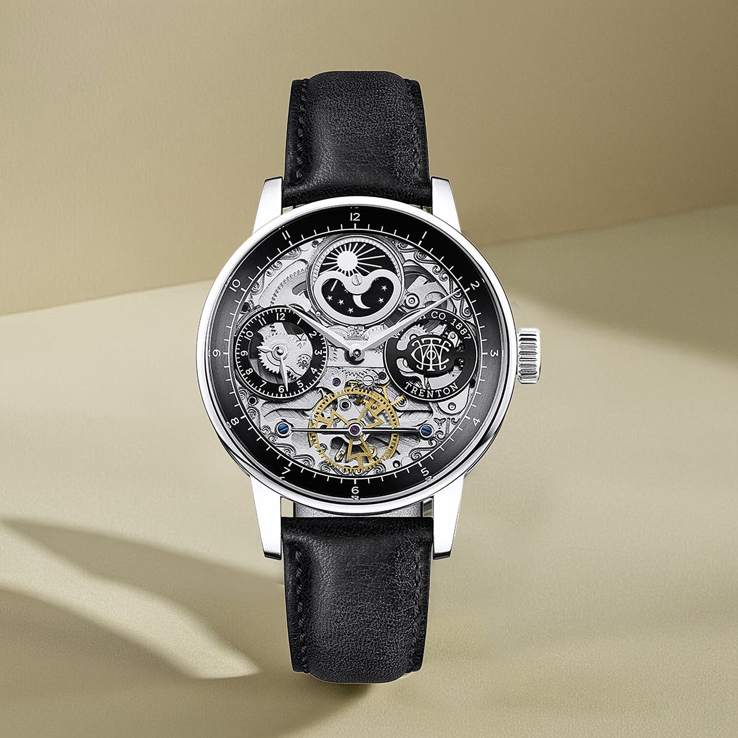 Trenton Jazz Automatic Skeleton 42mm Watch With Moonphase Function 5ATM, Mineral Glass, Leather Strap & Lifetime Warranty