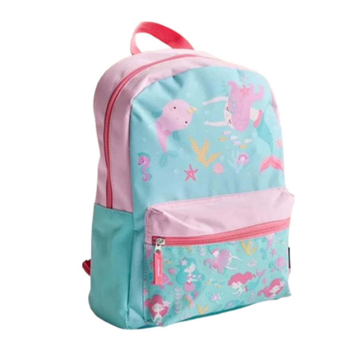 Mermaid Print Medium Backpack Mesh Pocket & Dual Zippers with Adjustable Straps - Turquoise & Pink