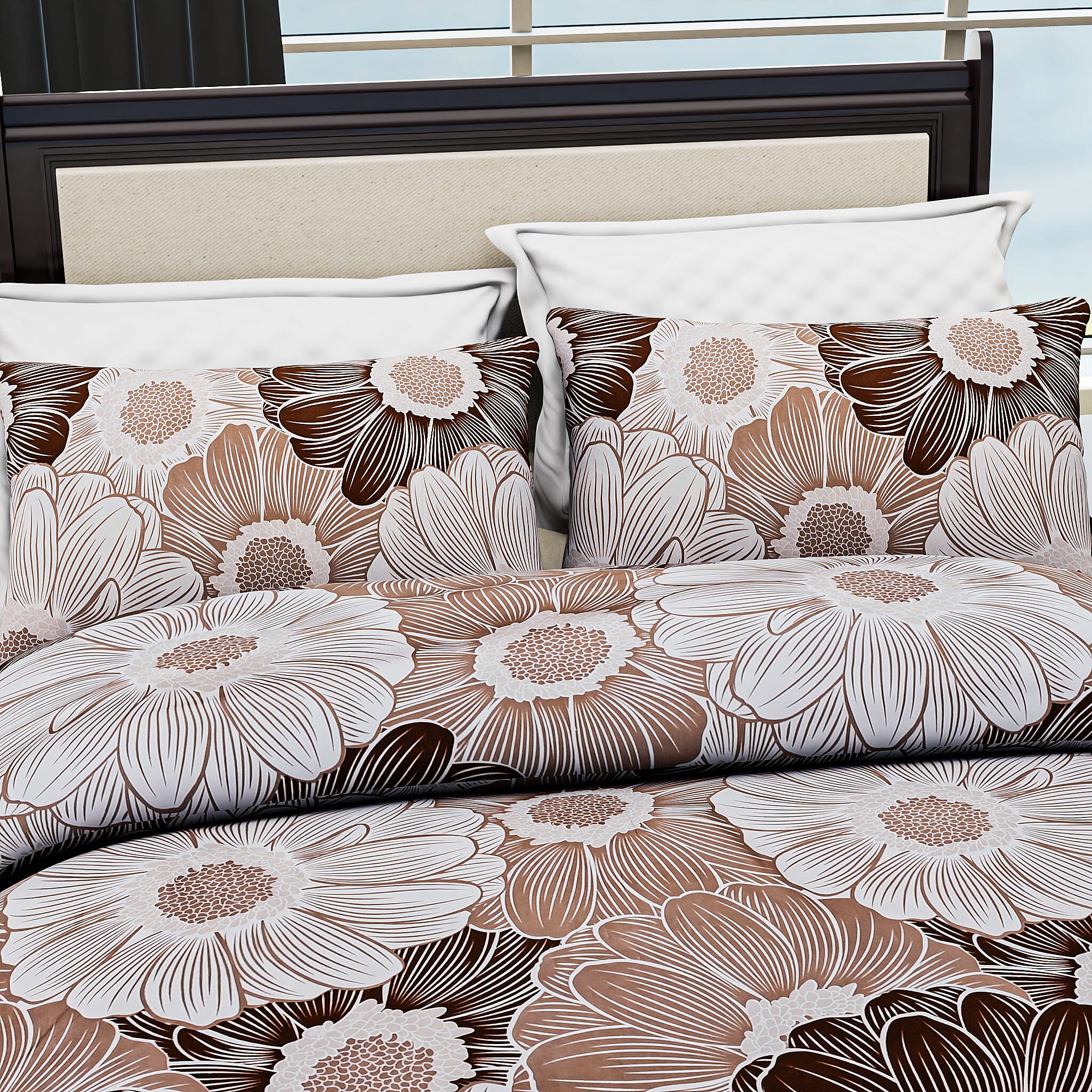 Hush Heaven 3-Piece Printed Duvet Set with Pillow Covers - Storage Bag (Size Double) - Light - Dark Brown
