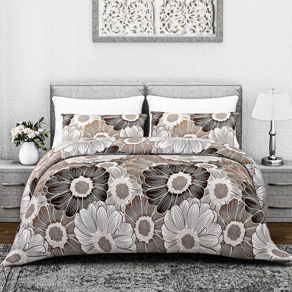Hush Heaven 3-Piece Printed Duvet Set with Pillow Covers - Storage Bag (Size King) - Light - Dark Brown