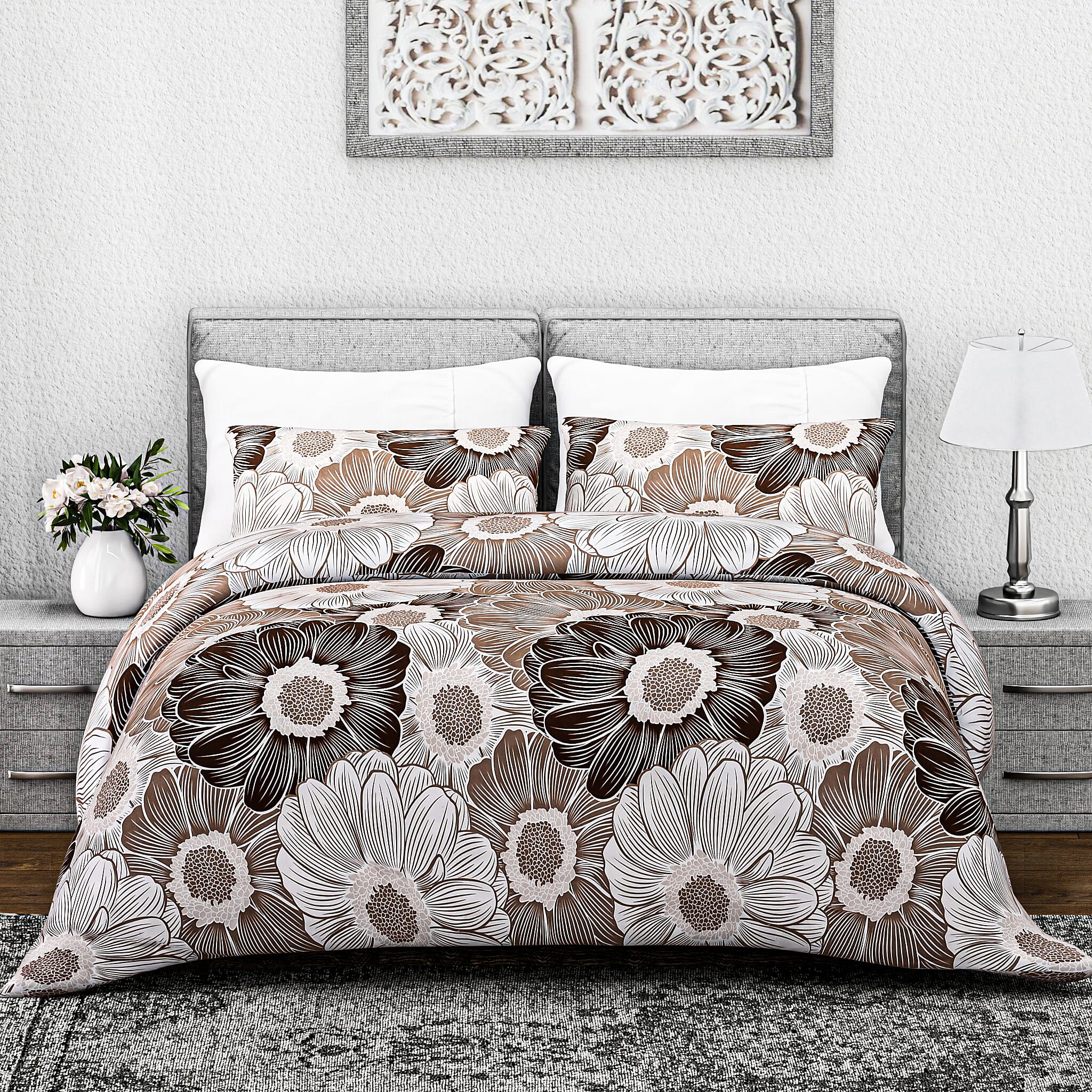 Hush Heaven 3-Piece Printed Duvet Set with Pillow Covers - Storage Bag (Size King) - Light - Dark Brown