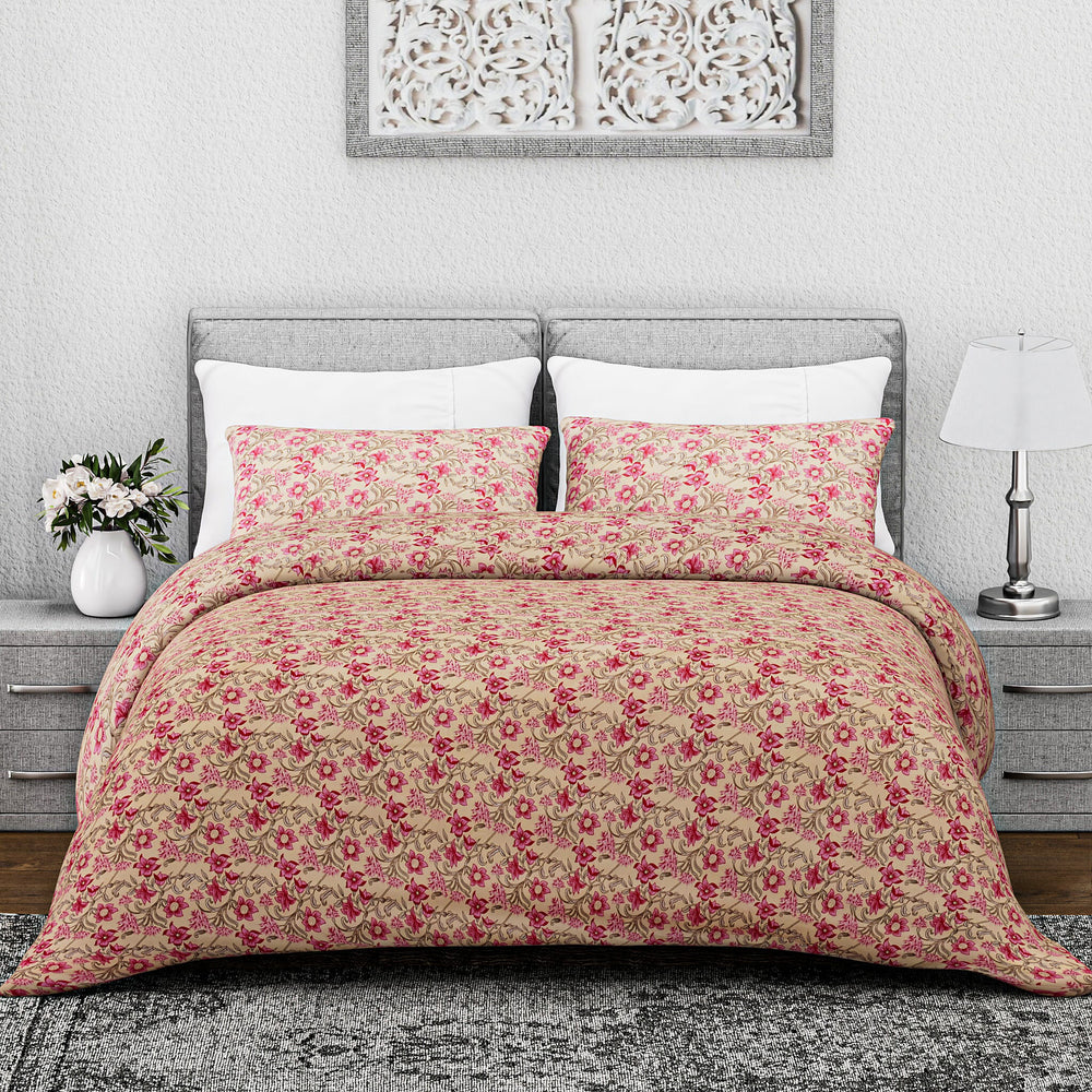 Hush Heaven 3-Piece Printed Duvet Set with Pillow (Size King) - Beige - Pink