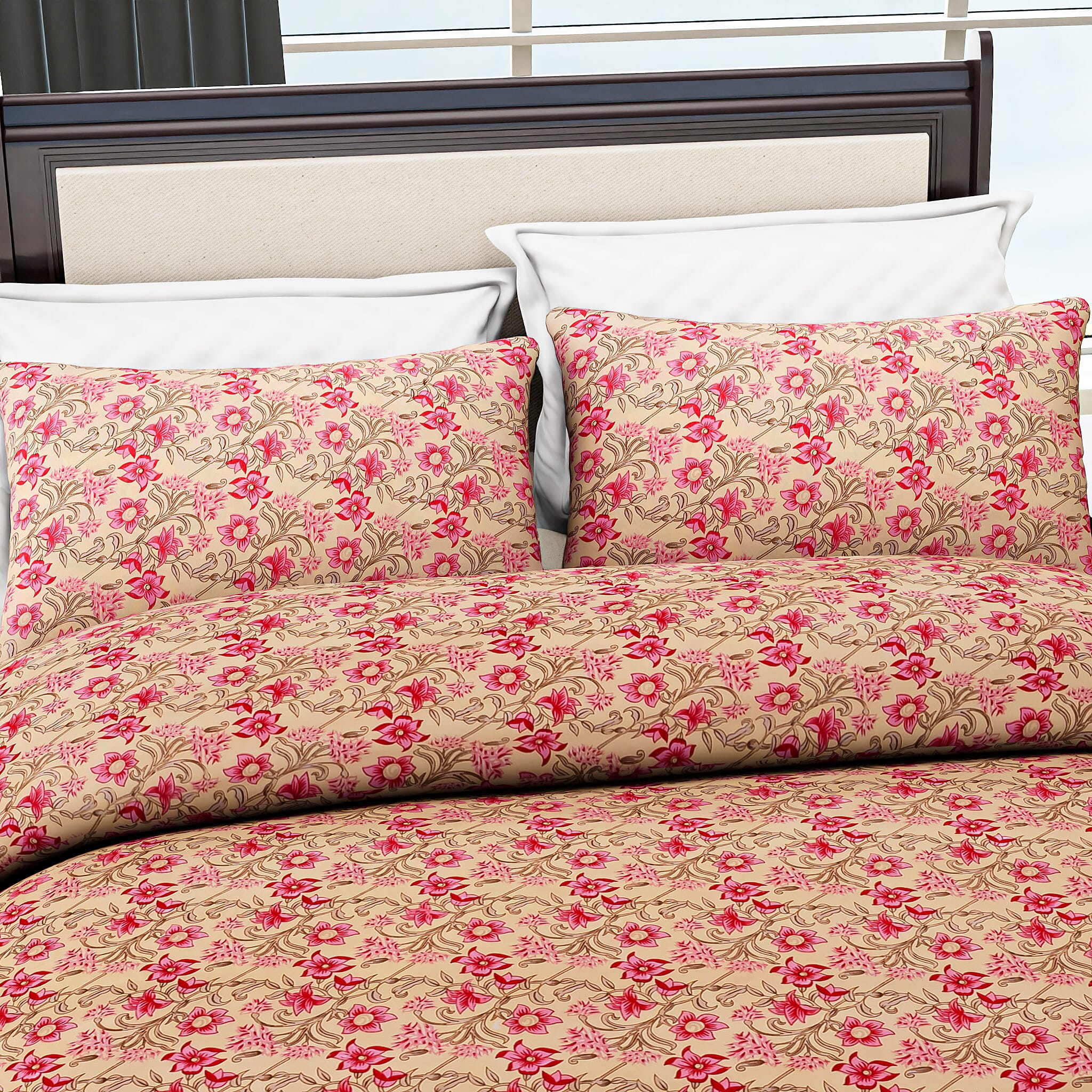 Hush Heaven 3-Piece Printed Duvet Set with Pillow (Size King) - Beige - Pink
