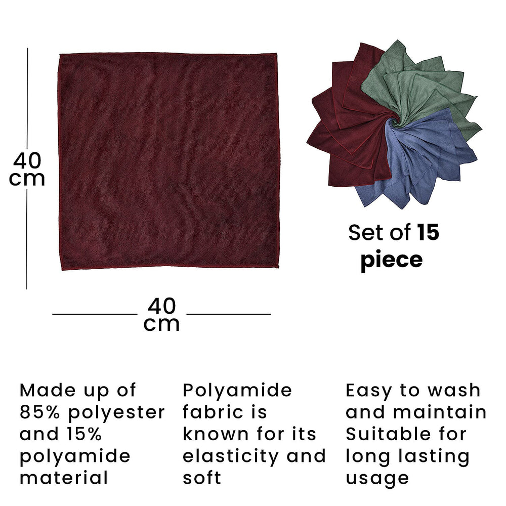 Microfibre Super Absorbing Cleaning Cloth (Set of 15 pcs) - Size-40x40cm (Grey, Wine, Green)