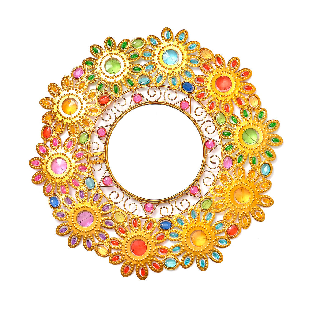 Colourful Beaded Iron Floral Wall Mirror (44x44x3cm) - Yellow - Multicolor