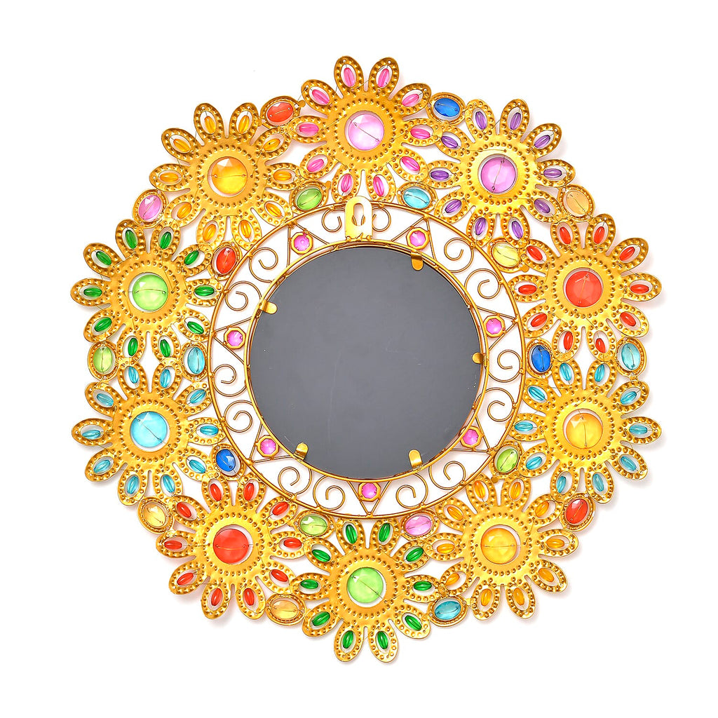 Colourful Beaded Iron Floral Wall Mirror (44x44x3cm) - Yellow - Multicolor