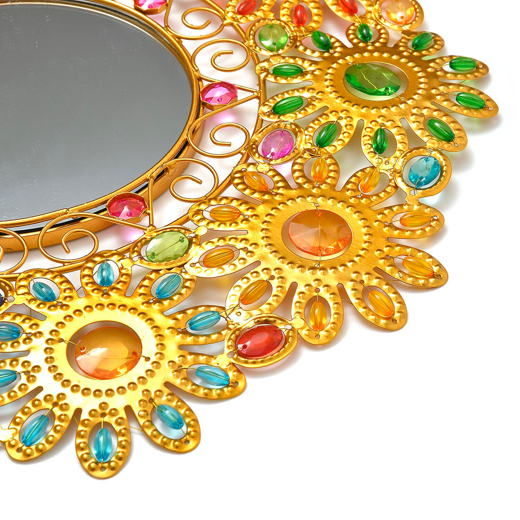 Colourful Beaded Iron Floral Wall Mirror (44x44x3cm) - Yellow - Multicolor