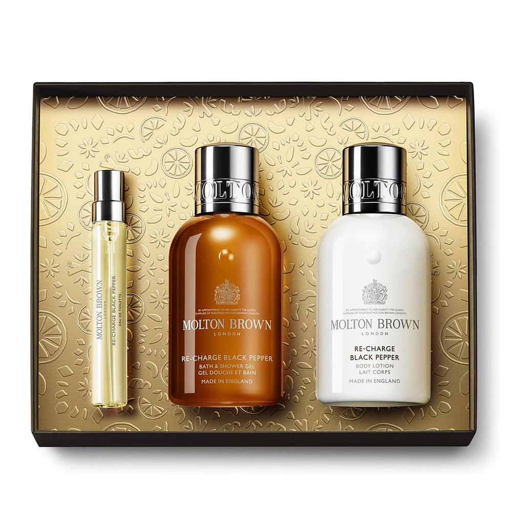 Biggest Christmas Offer 2024- Molton Brown Re-charge Black Pepper 3 Piece Travel Set - Bath & Shower Gel 100ML, Body Lotion 100ML & Eau De Toilette 7.5ML