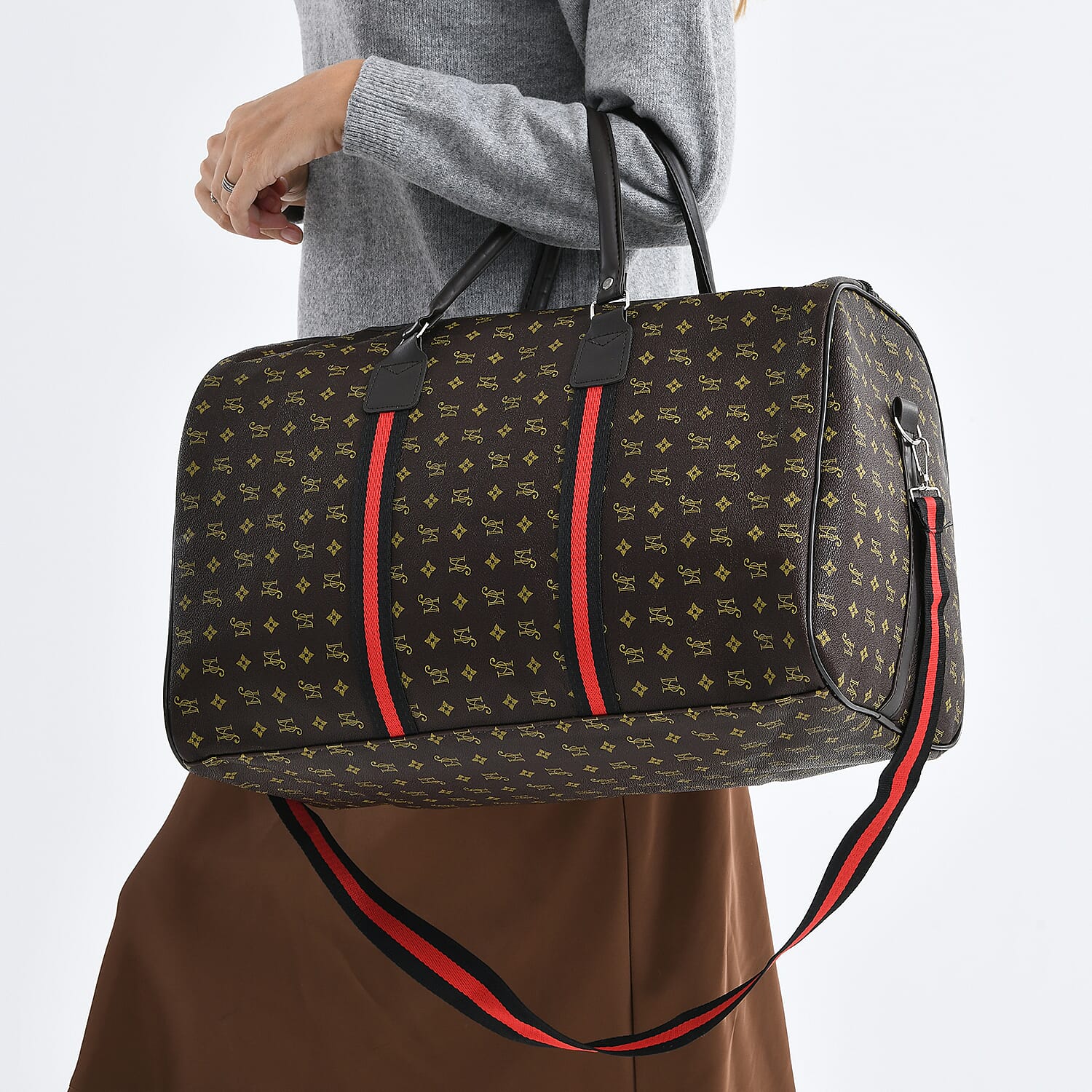 Monogram Pattern Travel Duffel Bag with Red Stripe Detail (50 x 30 cm) - Coffee