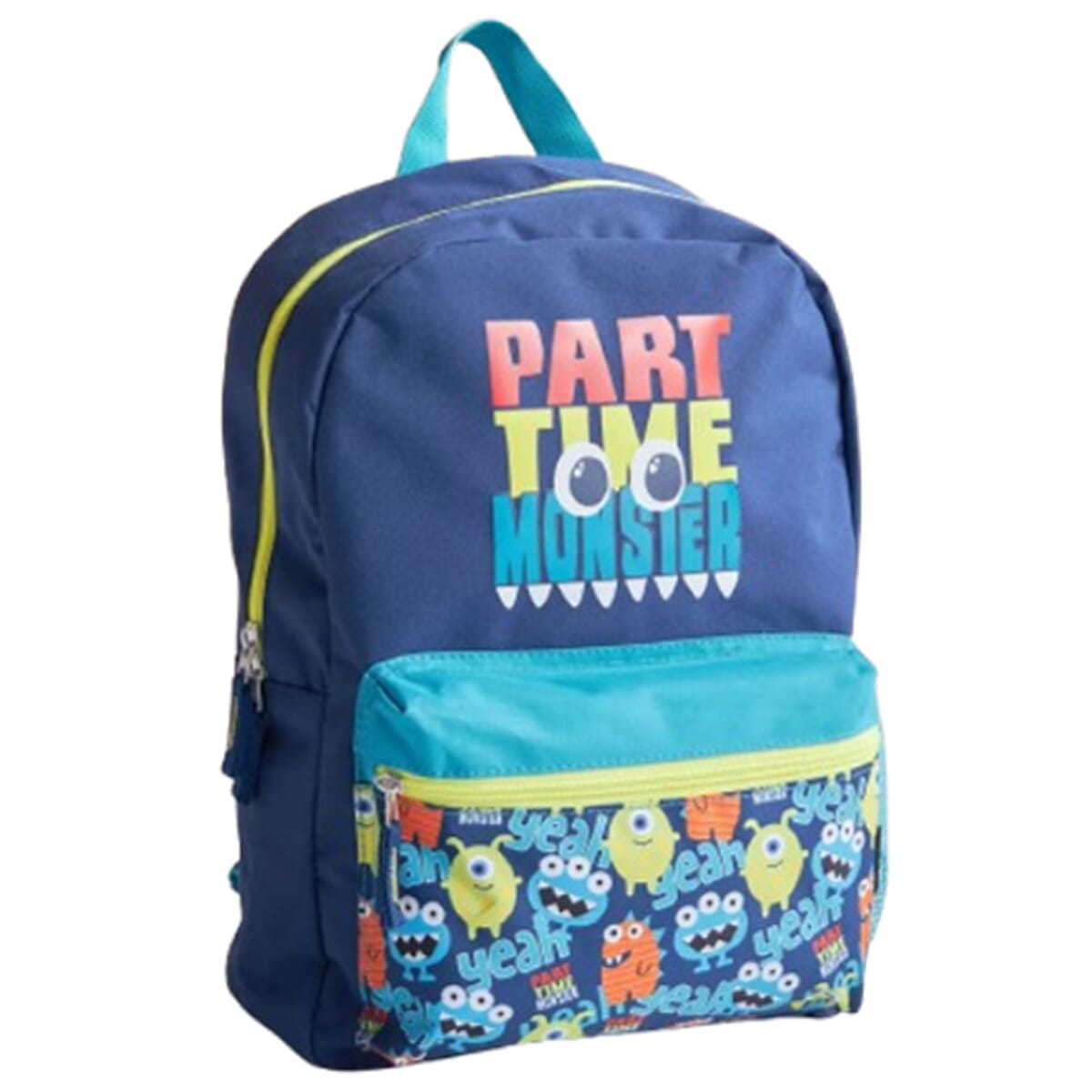 Monster Print Medium Backpack Mesh Pocket & Dual Zippers with Adjustable Straps - Green & Blue