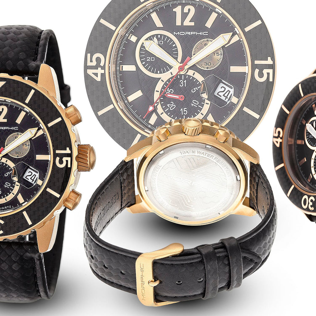 Morphic M51 Series Quartz Movt. 10ATM WR Black Dial with Yellow Case Mens Watch with Black Leather Strap