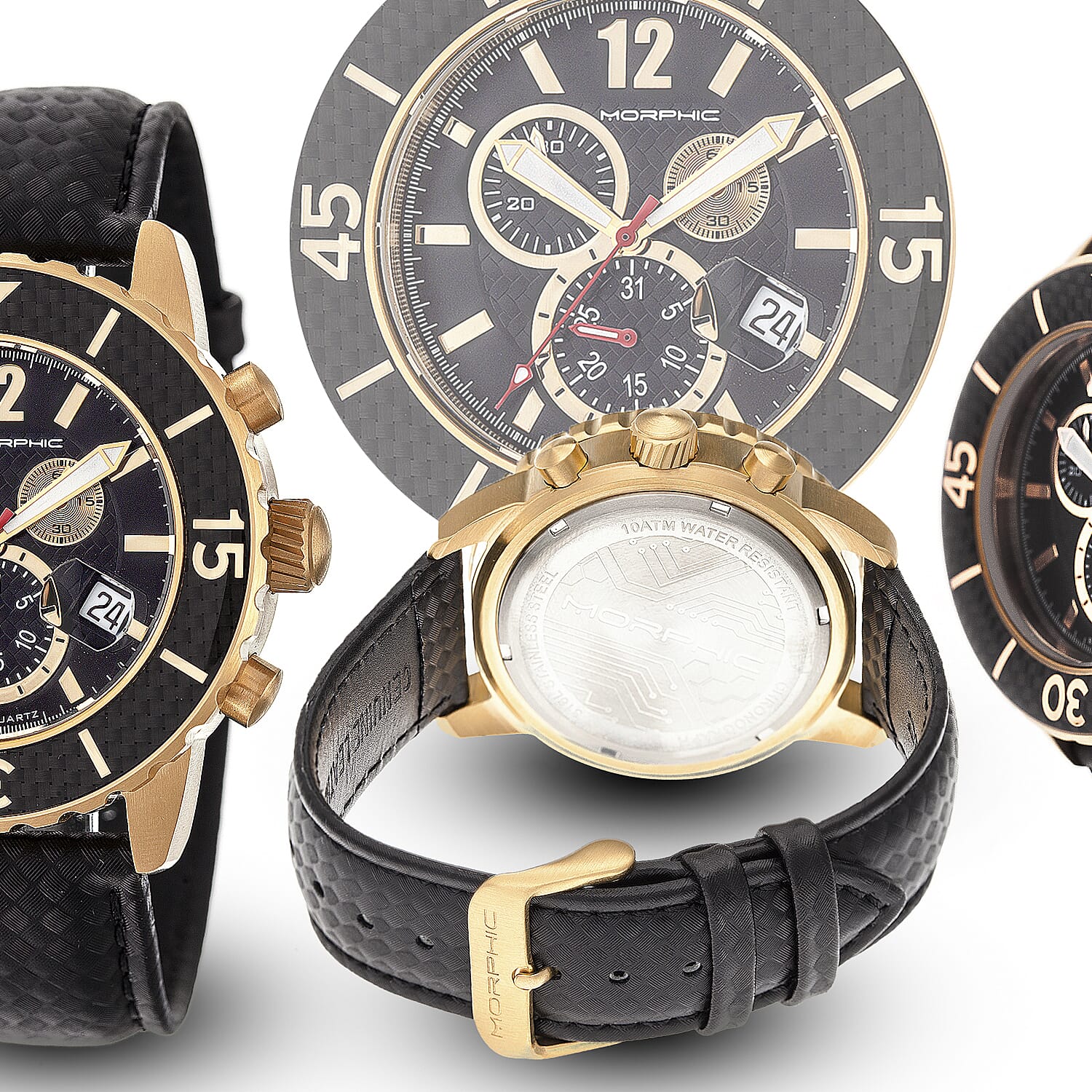 Morphic M51 Series Quartz Movt. 10ATM WR Black Dial with Yellow Case Mens Watch with Black Leather Strap