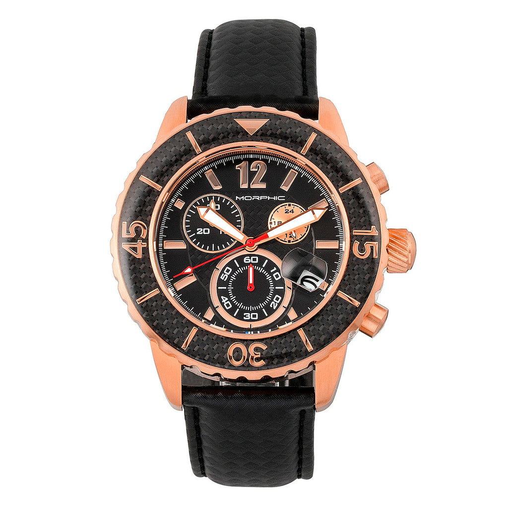 Morphic M51 Series Quartz Movt. 10ATM WR Black Dial with Rose Case Mens Watch with Black Leather Strap