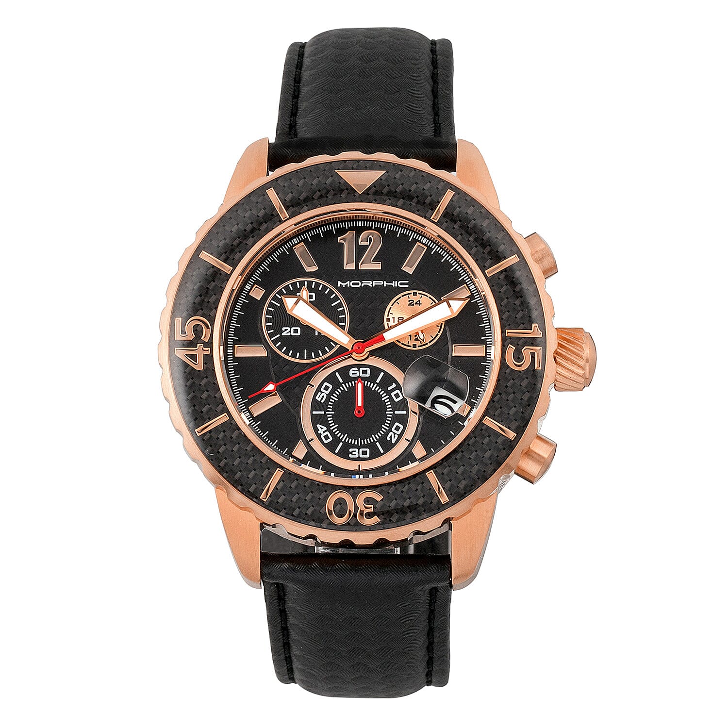 Morphic M51 Series Quartz Movt. 10ATM WR Black Dial with Rose Case Mens Watch with Black Leather Strap