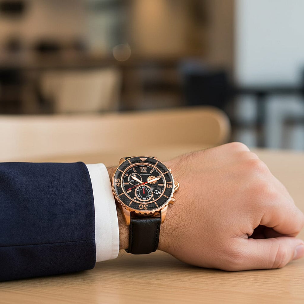 Morphic M51 Series Quartz Movt. 10ATM WR Black Dial with Rose Case Mens Watch with Black Leather Strap