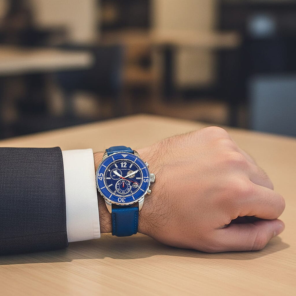 Morphic M51 Series Quartz Movt. 10ATM WR Blue Dial with Silver Case Mens Watch with Blue Leather Strap