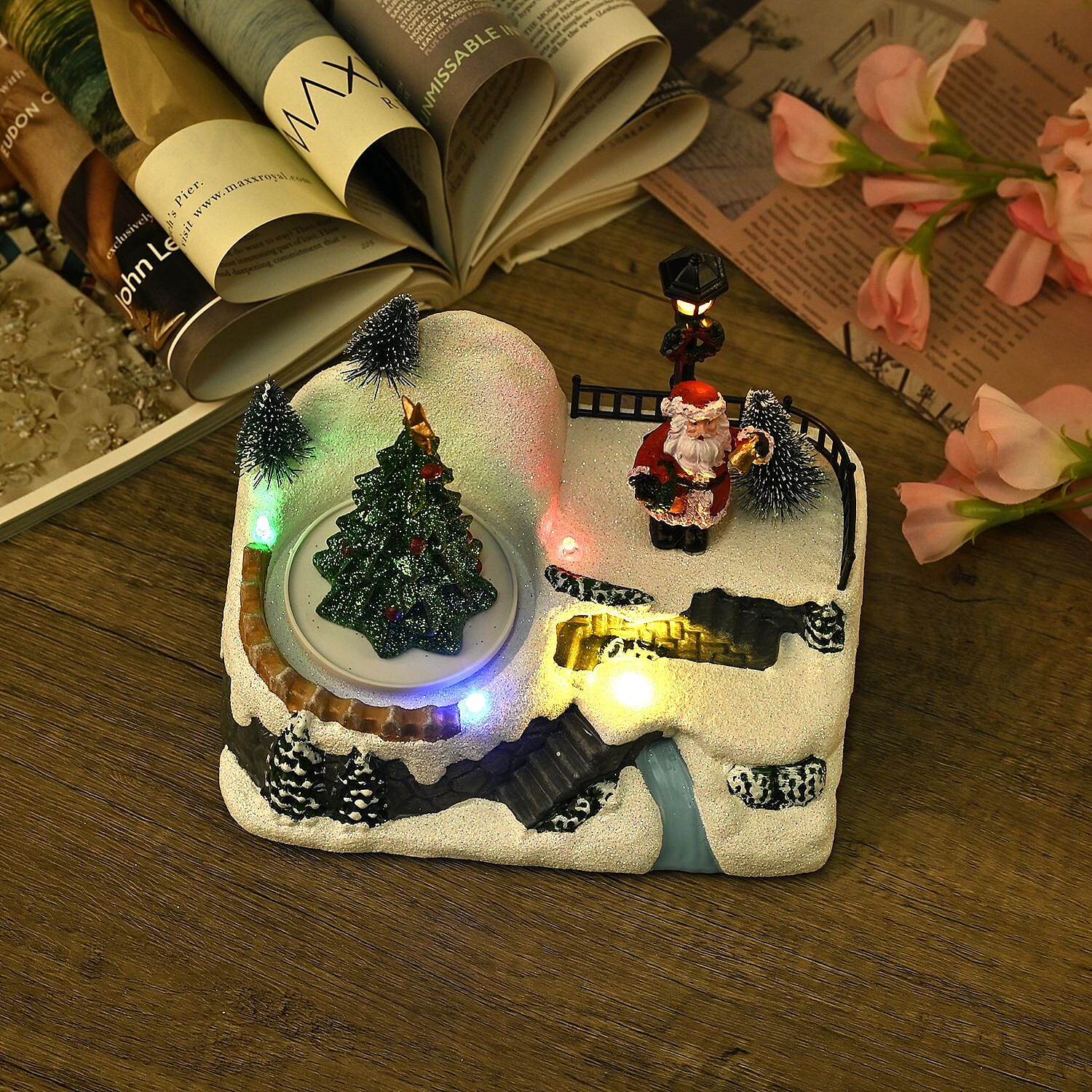 Musical Light up Christmas Village Scene with Rotating Christmas Tree and Santa