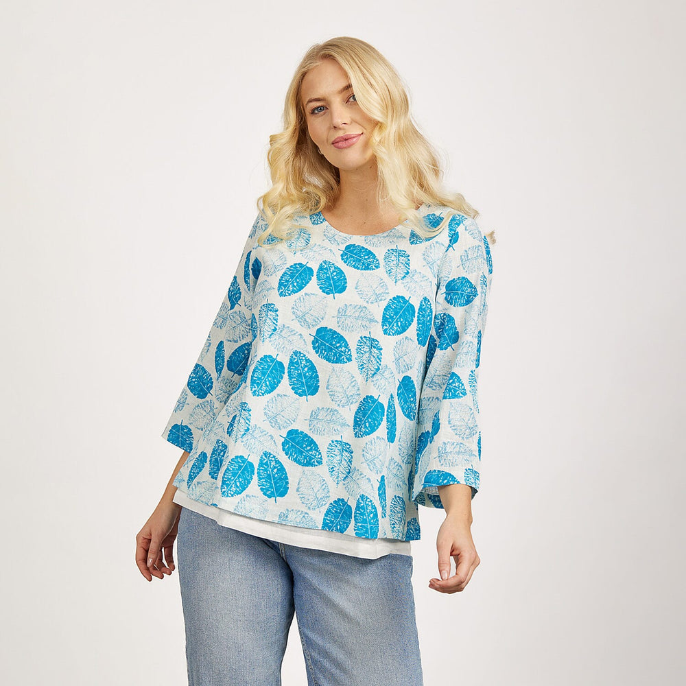Mudflower 100% Cotton Dark Blue Leaf Print Scoop Neck Top with 3-4 Sleeves (Size 12) - Sky Blue Base