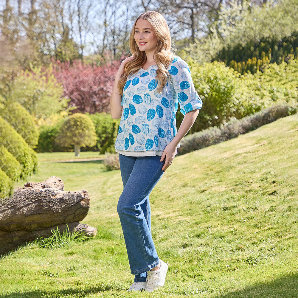 Mudflower 100% Cotton Dark Blue Leaf Print Scoop Neck Top with 3-4 Sleeves (Size 12) - Sky Blue Base
