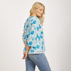 Mudflower 100% Cotton Dark Blue Leaf Print Scoop Neck Top with 3-4 Sleeves (Size 12) - Sky Blue Base