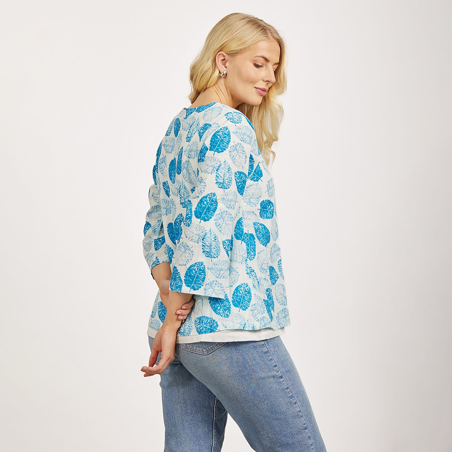 Mudflower 100% Cotton Dark Blue Leaf Print Scoop Neck Top with 3-4 Sleeves (Size 12) - Sky Blue Base