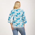 Mudflower 100% Cotton Dark Blue Leaf Print Scoop Neck Top with 3-4 Sleeves (Size 12) - Sky Blue Base