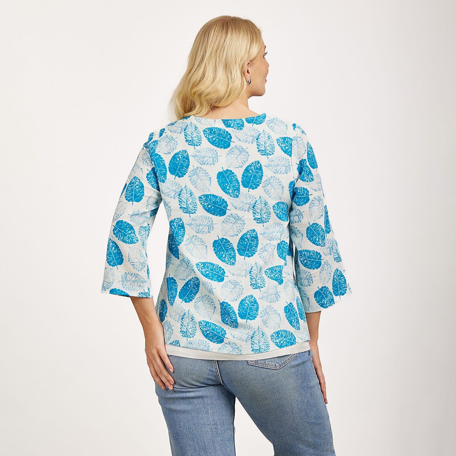 Mudflower 100% Cotton Dark Blue Leaf Print Scoop Neck Top with 3-4 Sleeves (Size 12) - Sky Blue Base