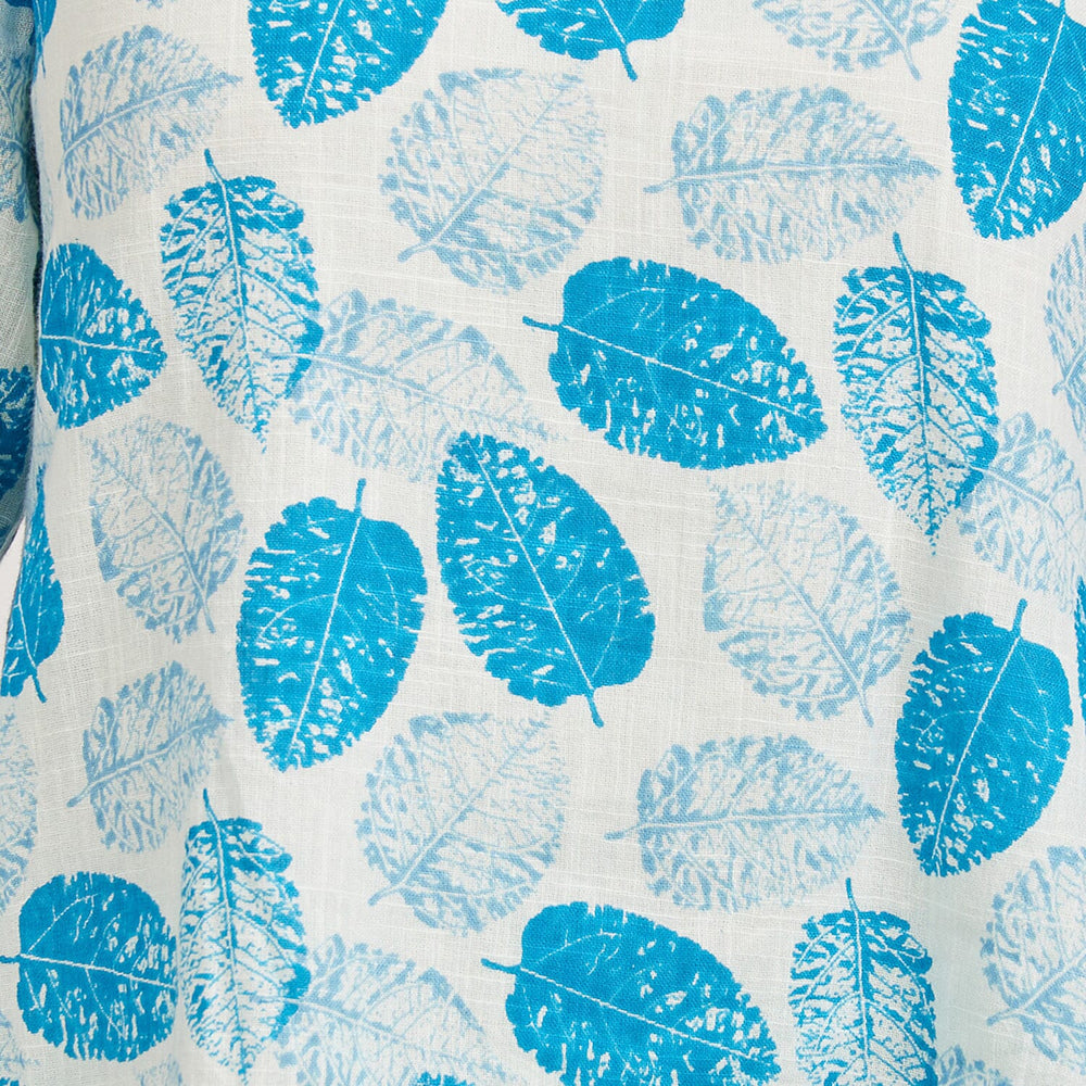 Mudflower 100% Cotton Dark Blue Leaf Print Scoop Neck Top with 3-4 Sleeves (Size 12) - Sky Blue Base