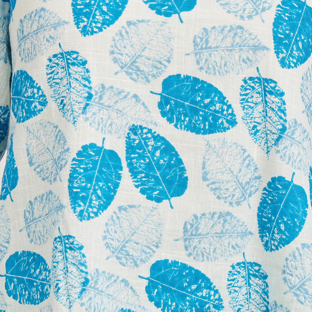 Mudflower 100% Cotton Dark Blue Leaf Print Scoop Neck Top with 3-4 Sleeves (Size 12) - Sky Blue Base