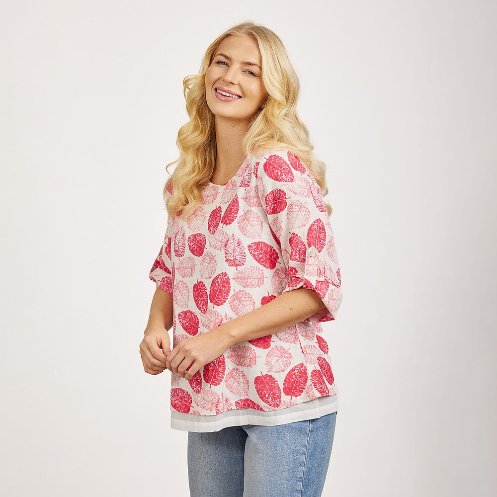 Mudflower 100% Cotton Botanical Print Scoop Neck Top with 3-4 Sleeves (Size 16) - Pink Leafs on White Base