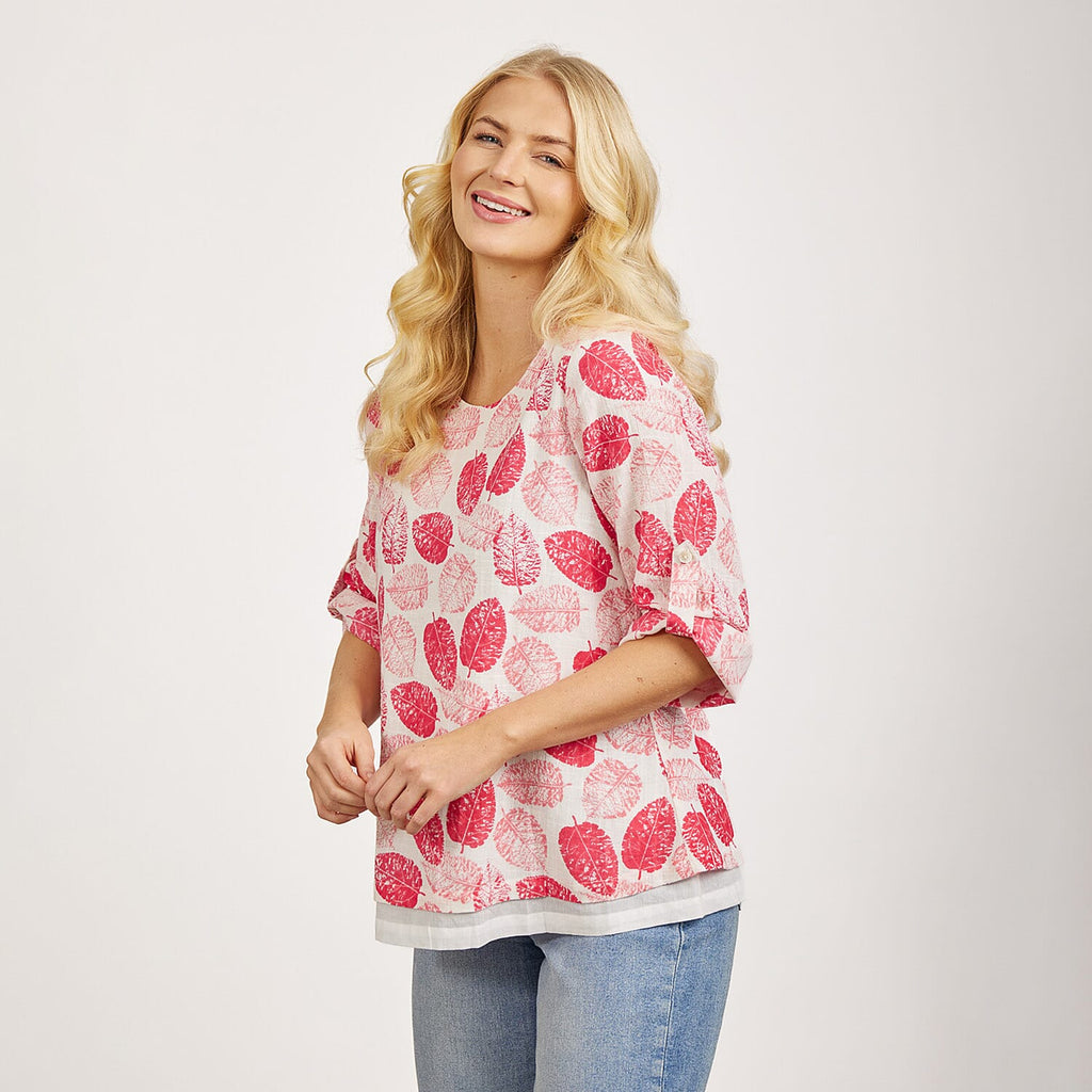 Mudflower 100% Cotton Botanical Print Scoop Neck Top with 3-4 Sleeves (Size 16) - Pink Leafs on White Base
