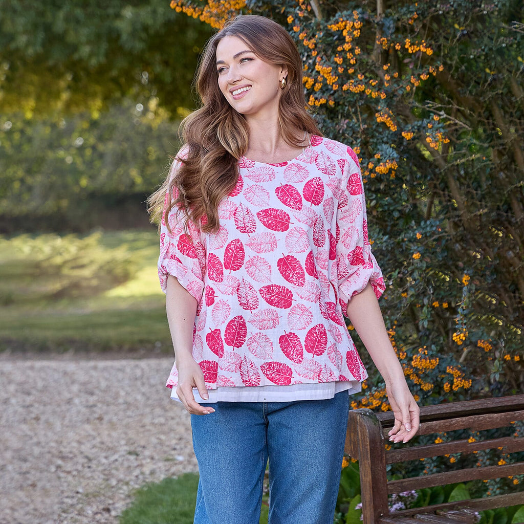 Mudflower 100% Cotton Botanical Print Scoop Neck Top with 3-4 Sleeves (Size 16) - Pink Leafs on White Base