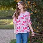 Mudflower 100% Cotton Botanical Print Scoop Neck Top with 3-4 Sleeves (Size 16) - Pink Leafs on White Base